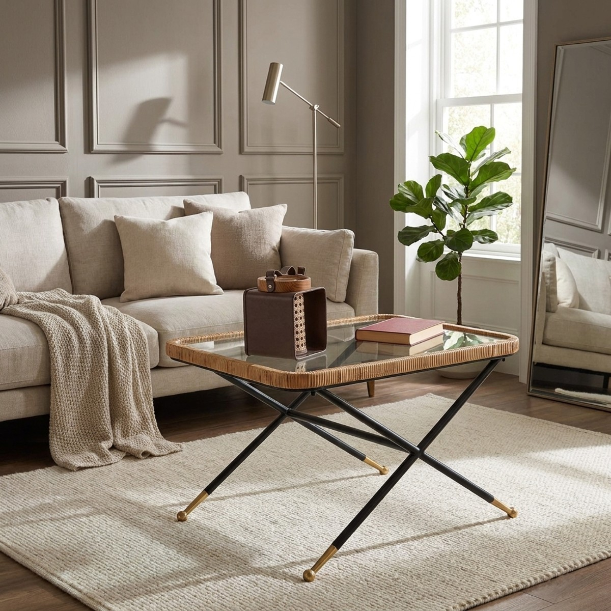 Saint Barth Rectangular Coffee Table in Glass and Rattan — 2