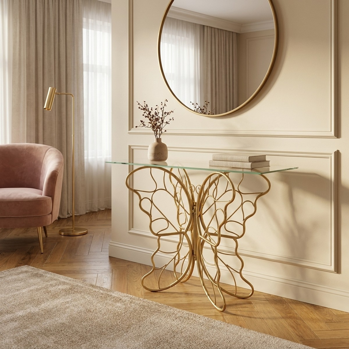 Butterfly Entryway Console Table in Metal and Vetro — 2