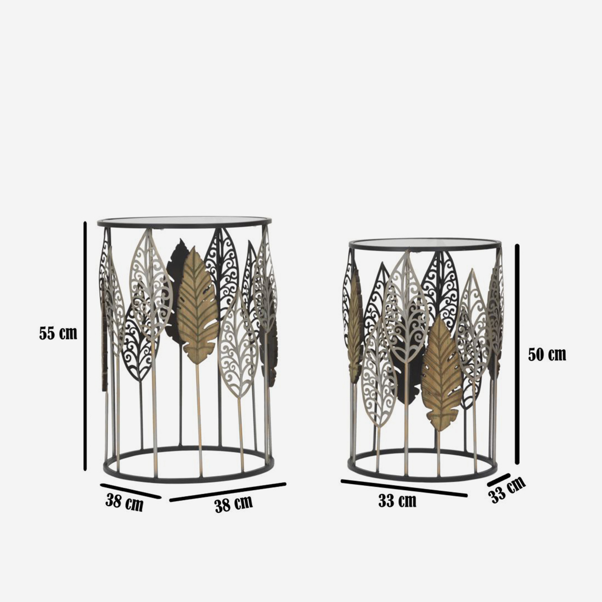 Set of 2 Foglie Round Metal and Glass Coffee Tables — 3