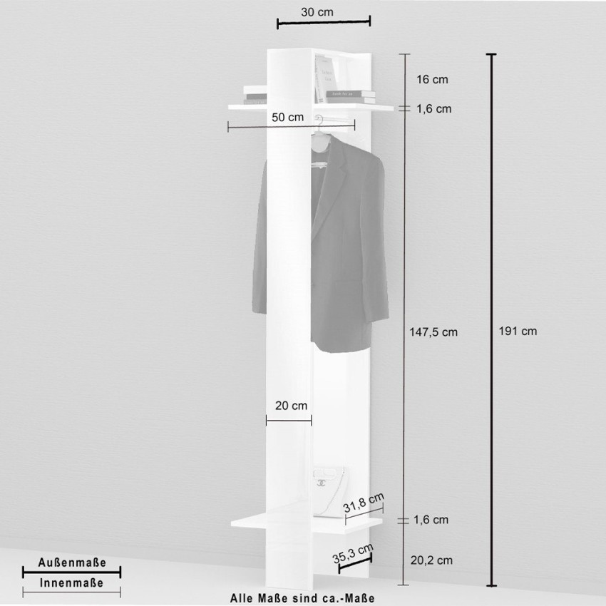 Ivy Wall Mounted Coat Rack Column with Mirror and Shelves Glossy White Web Furniture — 5