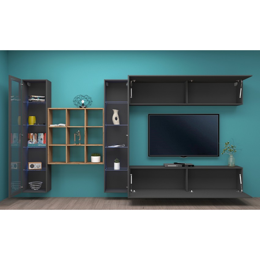 Modern floating living room wall unit with TV stand 2 display cabinets Eron RT — 4