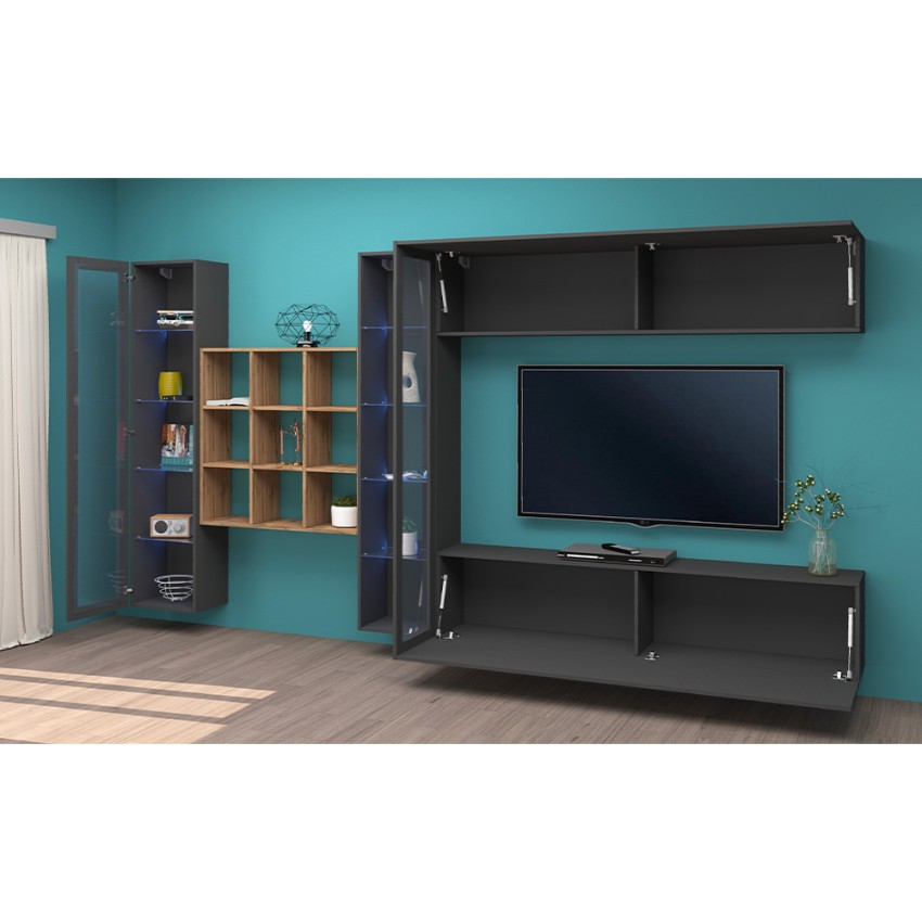 Modern floating living room wall unit with TV stand 2 display cabinets Eron RT — 5