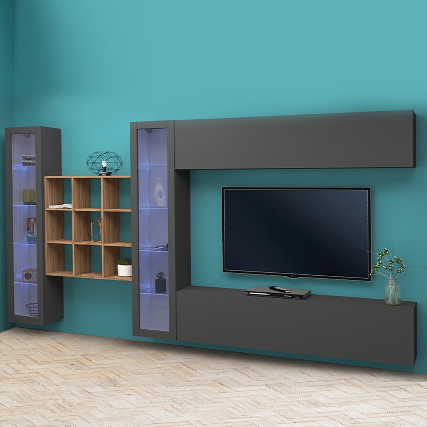 Modern floating living room wall unit with TV stand 2 display cabinets Eron RT — 2