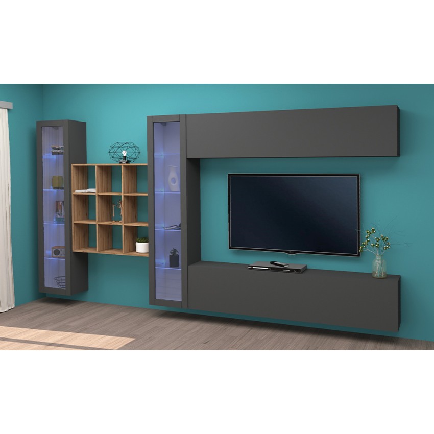 Modern floating living room wall unit with TV stand 2 display cabinets Eron RT — 3