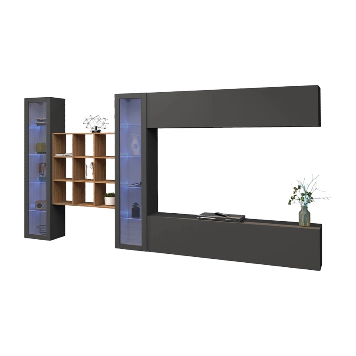 Modern floating living room wall unit with TV stand 2 display cabinets Eron RT — 8
