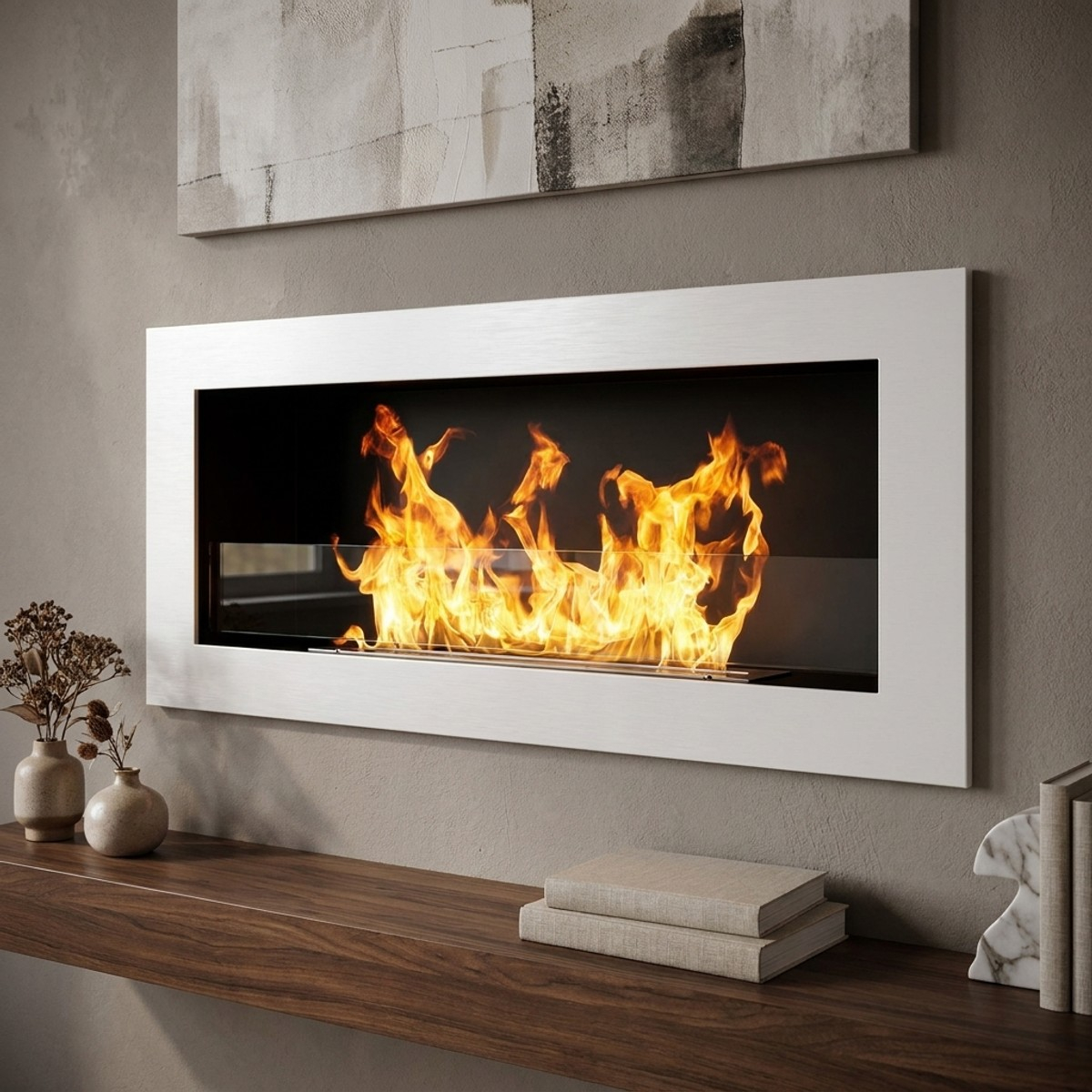 Wall-mounted and recessed bioethanol fireplace in steel Livorno — 2