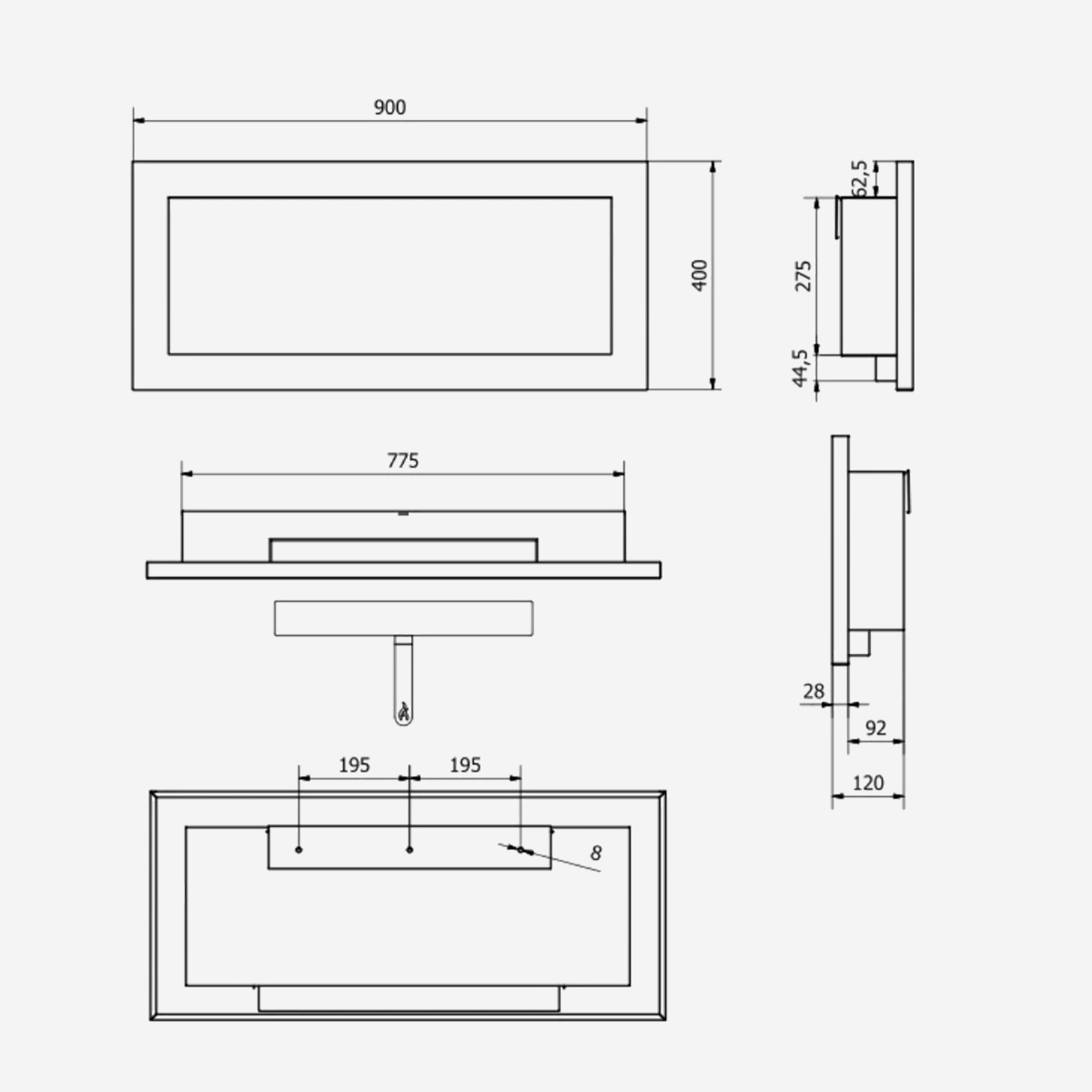 Wall-mounted and recessed bioethanol fireplace in steel Livorno — 8
