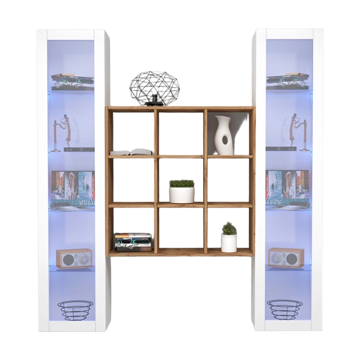 Floating Wall Unit with Bookcase and 2 Display Cabinets VILA WH — 6
