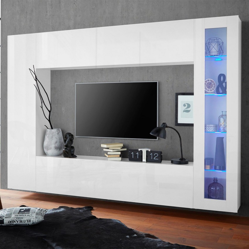 Modern Gloss White Living Room Wall Unit with TV Stand and Display Cabinet Joy Ledge — 3