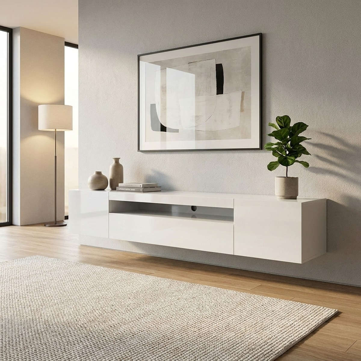 Modern TV cabinet with door and flap drawer 200cm Daiquiri White L — 3
