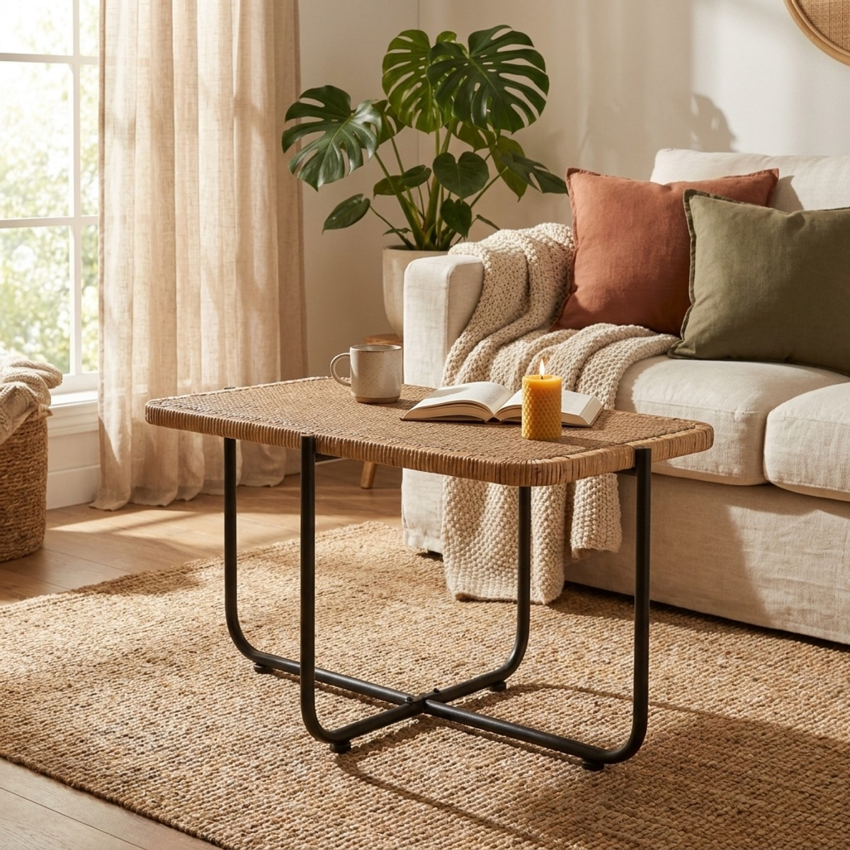 Cebu rectangular coffee table in metal and rattan — 2