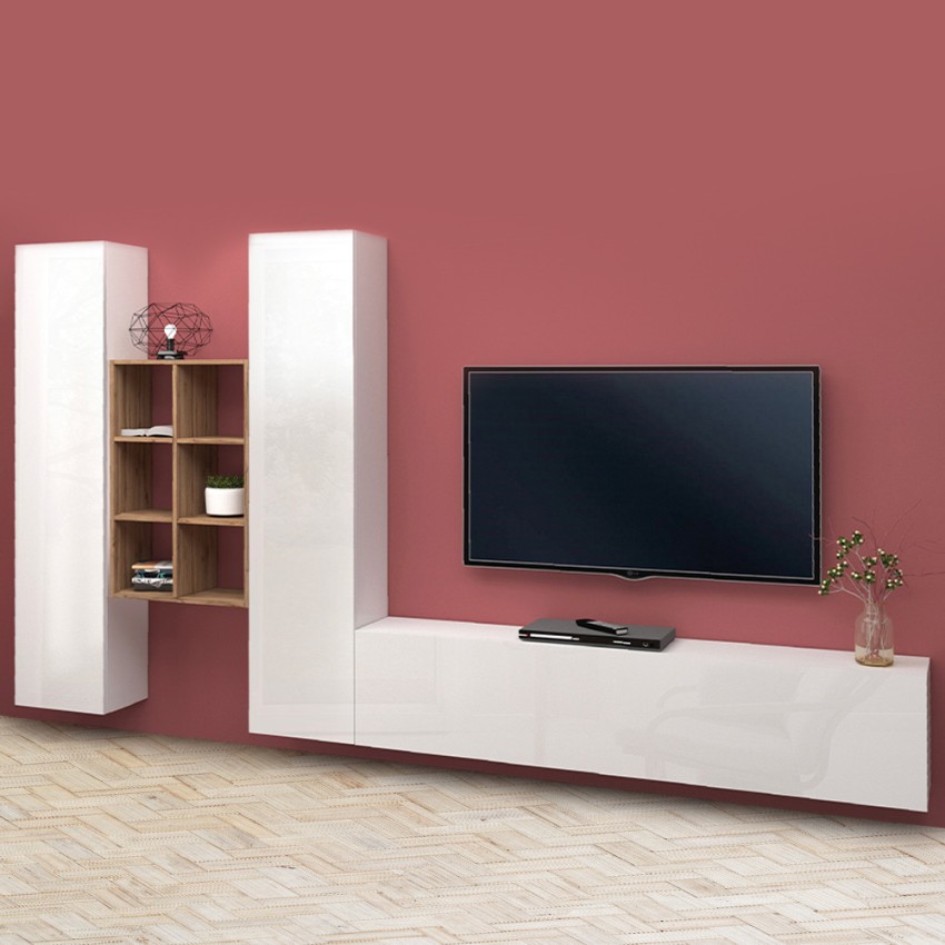 Wall-Mounted TV Unit with Bookcase and 2 Cabinets Manny WH — 2