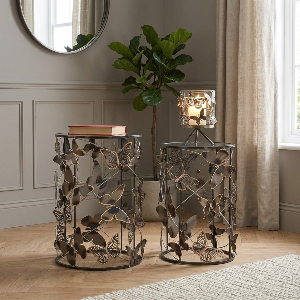 Set of 2 Round Coffee Tables in Metallo and Glass Farfalle — 2