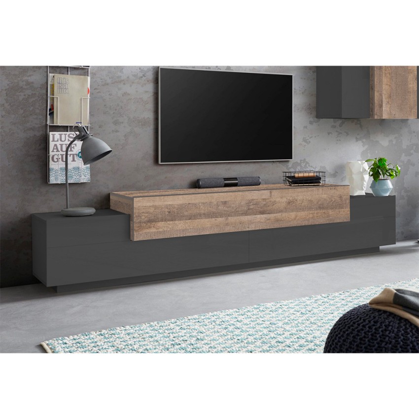 Modern 240cm TV Stand in Grey and Wood Corona Low Hound — 3