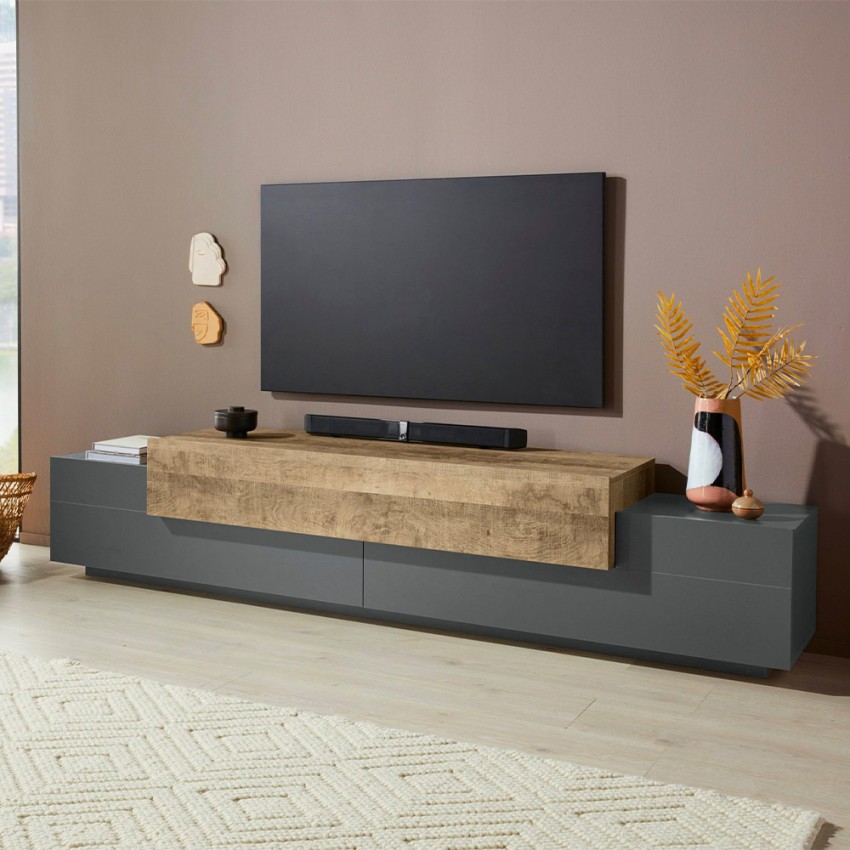 Modern 240cm TV Stand in Grey and Wood Corona Low Hound — 2
