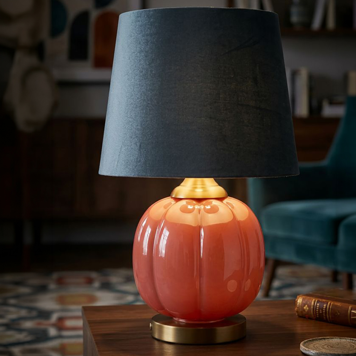 Helene Ball Table Lamp in Glass and Fabric with Fluted Base — 2