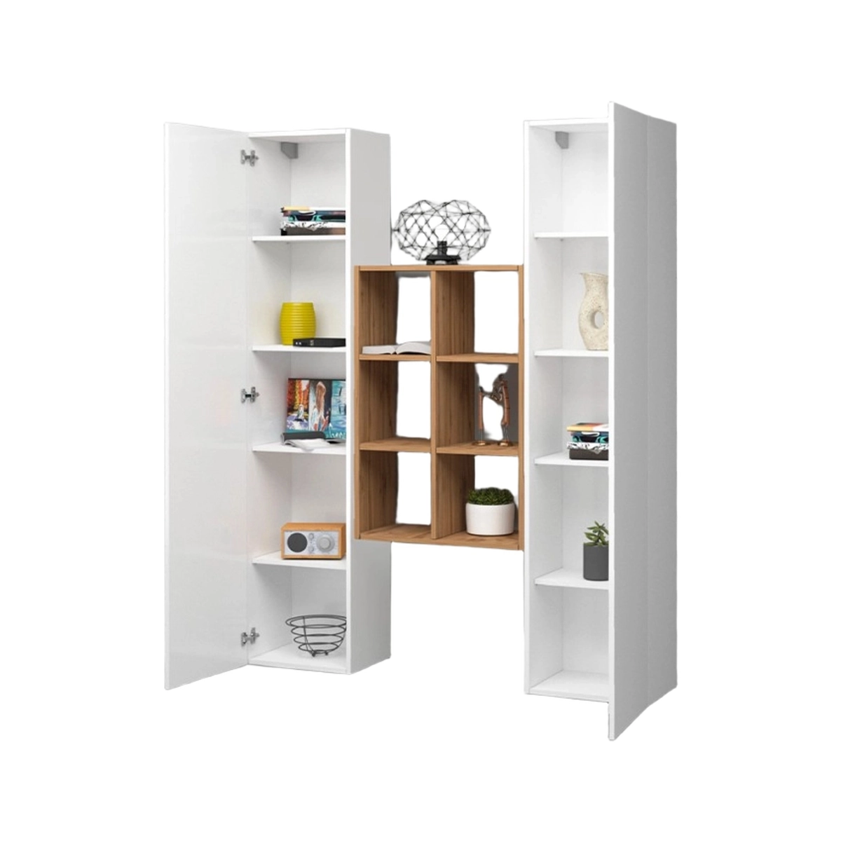 Wall-Mounted Living Room Unit White Oak 2 Cabinets Gemy WH — 5