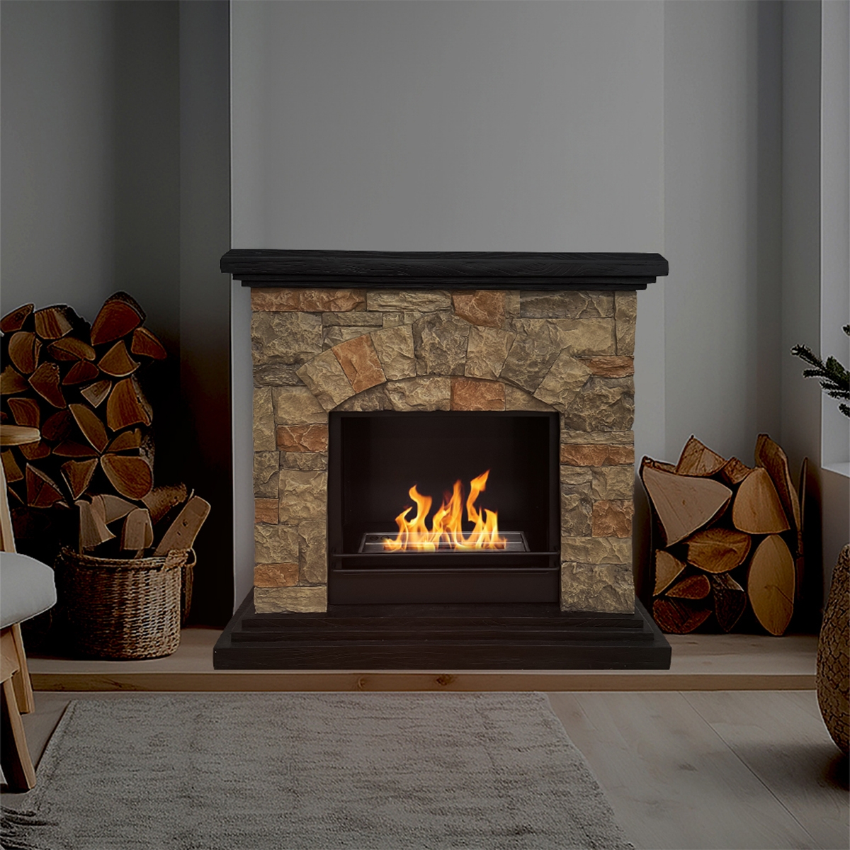 Divina Fire Belluno Freestanding Bioethanol Fireplace Faux Stone — 3
