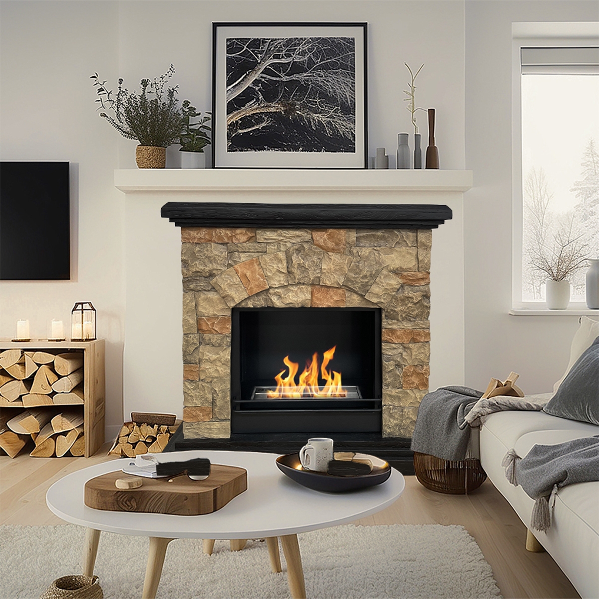 Divina Fire Belluno Freestanding Bioethanol Fireplace Faux Stone — 2