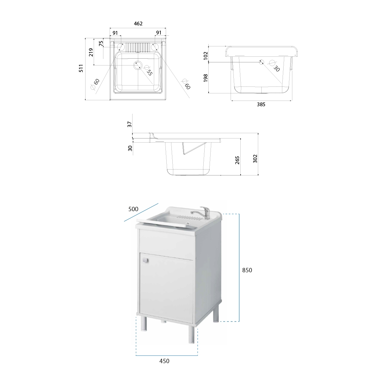 Outdoor laundry cabinet in PVC with tub and door Negrari 9056K — 2