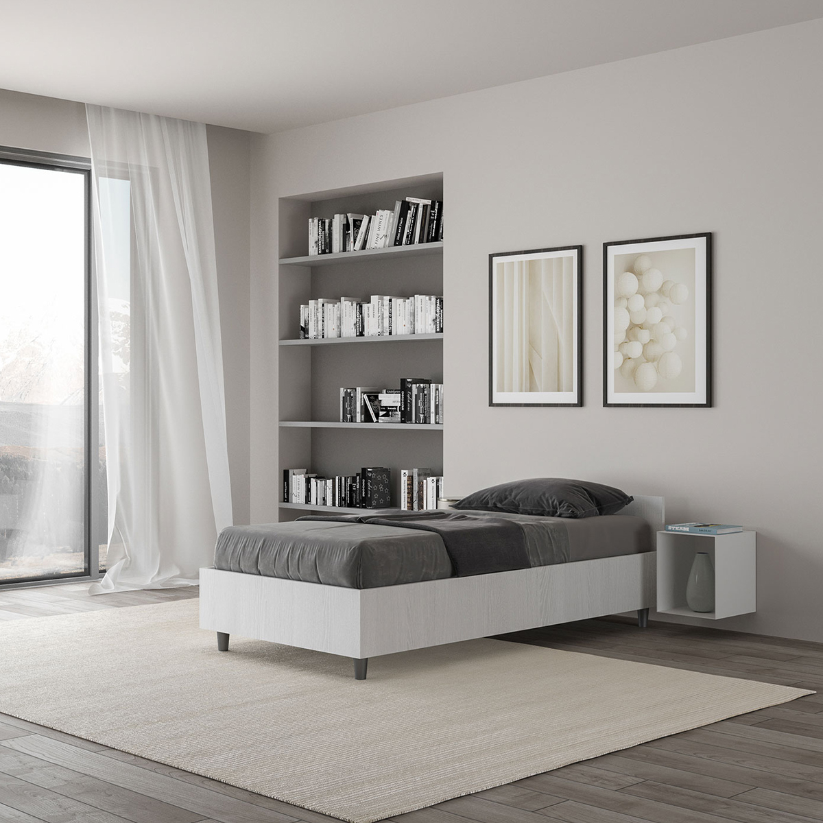 Single storage bed 80x190 white wood Nuamo — 4