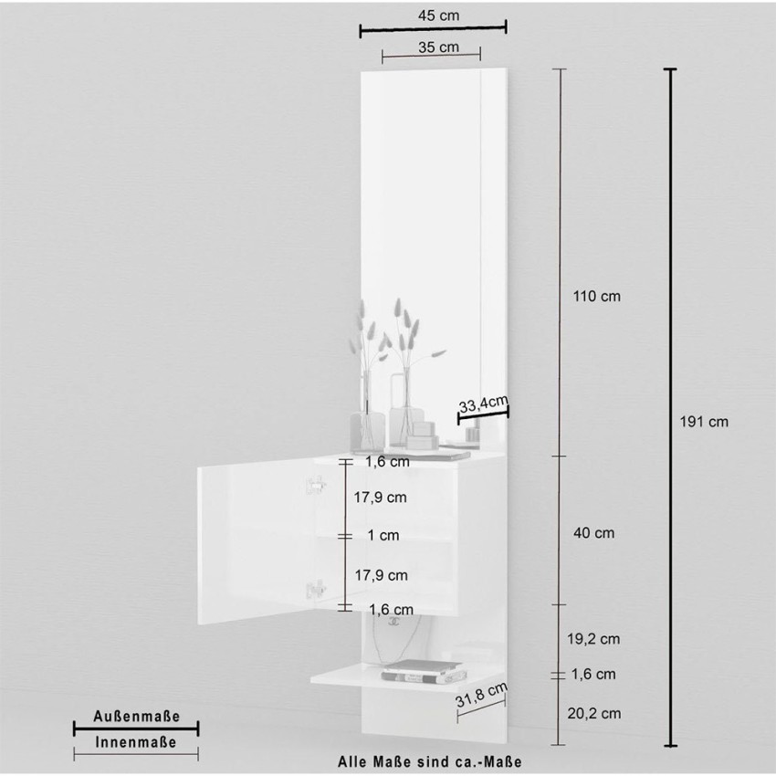 Hallway shoe cabinet with mirror gloss white Karin — 7