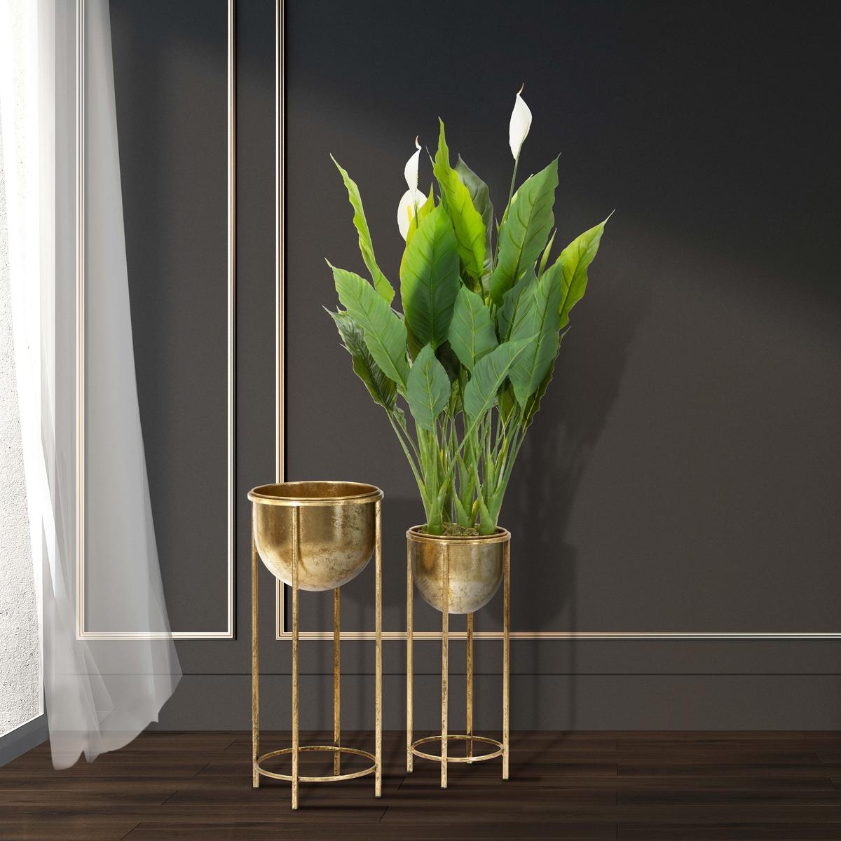 Set of 2 Lumai Golden Metal Plant Stands and Planters — 2