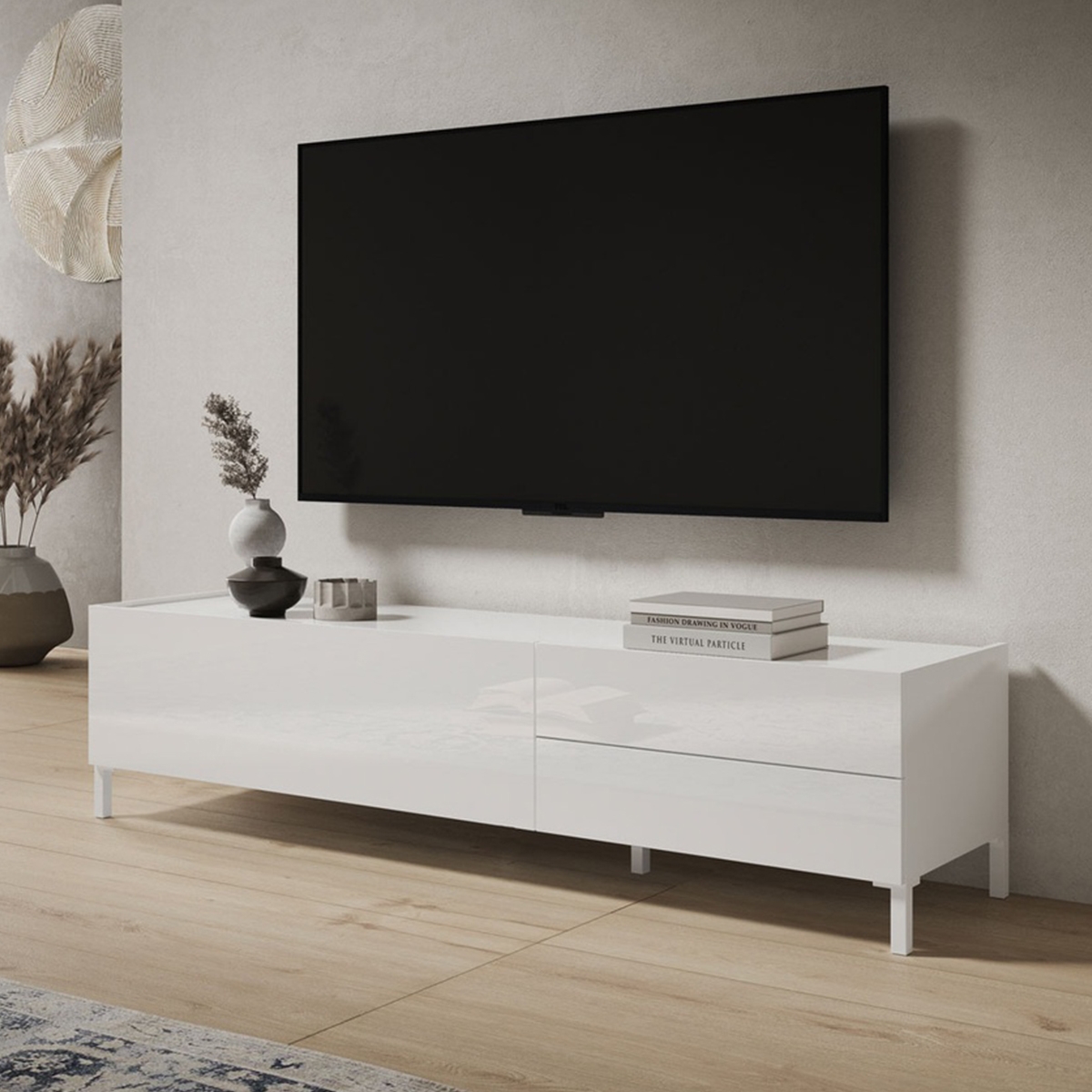 Modern TV Stand 160x42x40 cm with Flap Door and 2 Drawers Solaria — 2