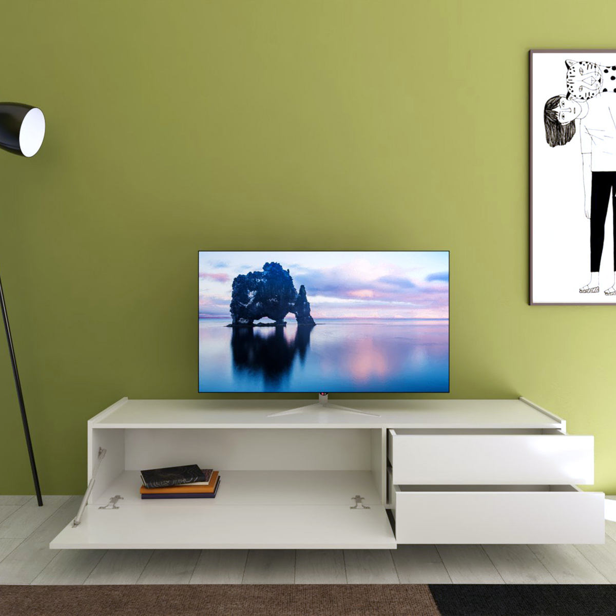 Modern TV Stand 160x42x40 cm with Flap Door and 2 Drawers Solaria — 3
