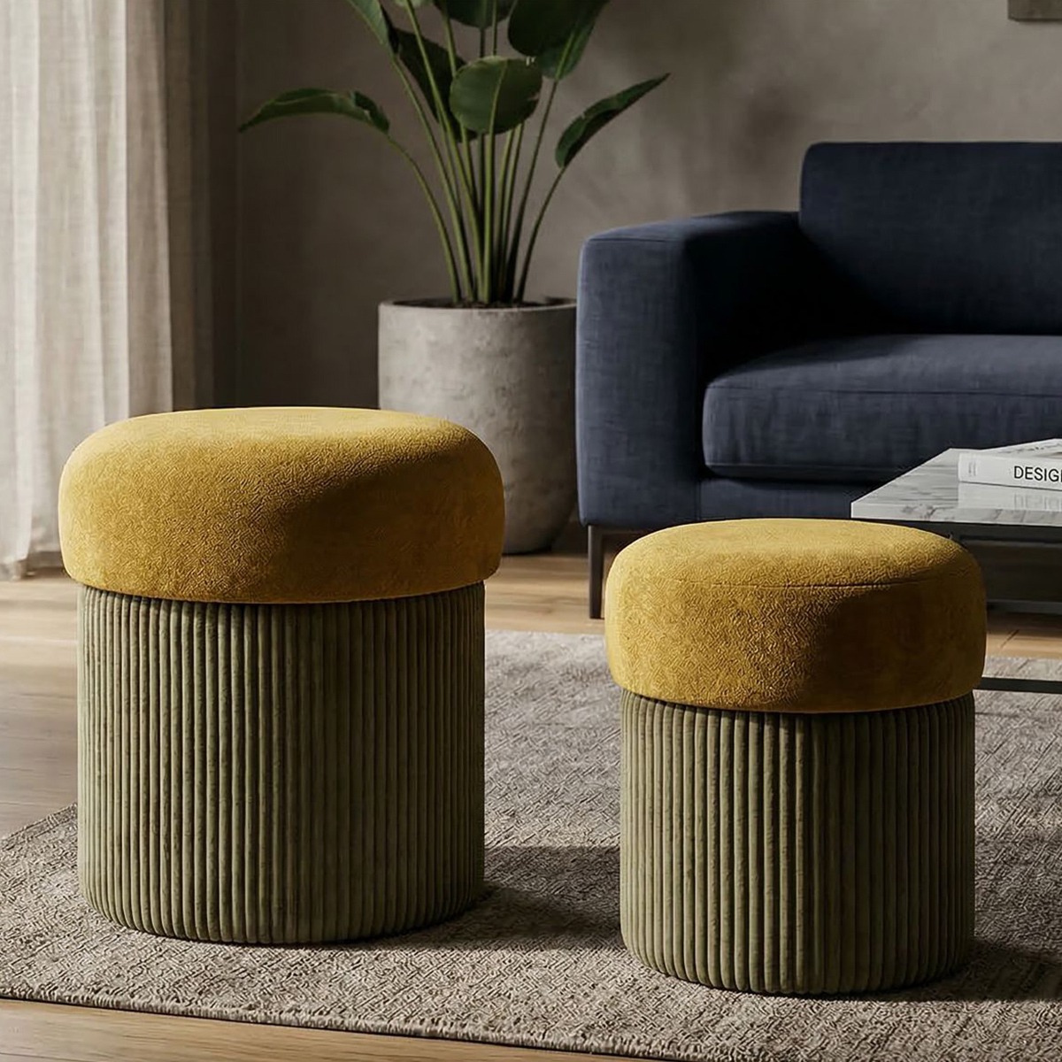 Set of 2 Round Velvet Storage Ottomans Poufs Aspen — 2
