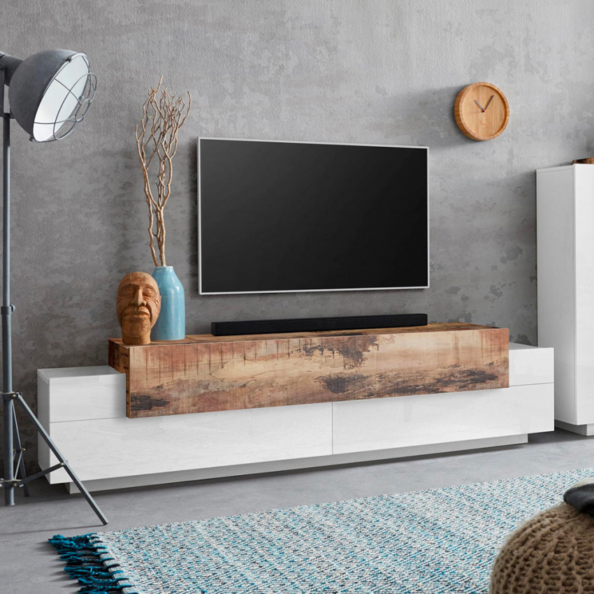 TV cabinet 4 compartments 3 flap doors modern design white and wood Corona Low White — 2
