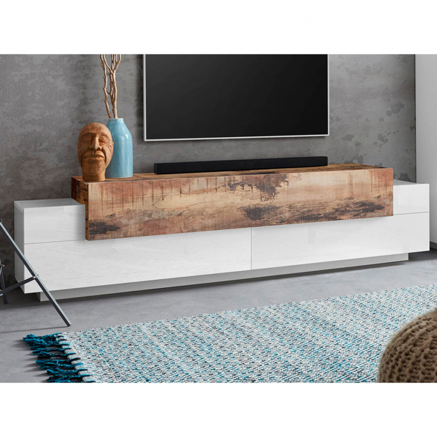 TV cabinet 4 compartments 3 flap doors modern design white and wood Corona Low White — 3