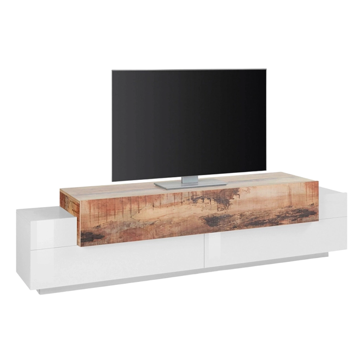 TV cabinet 4 compartments 3 flap doors modern design white and wood Corona Low White — 1