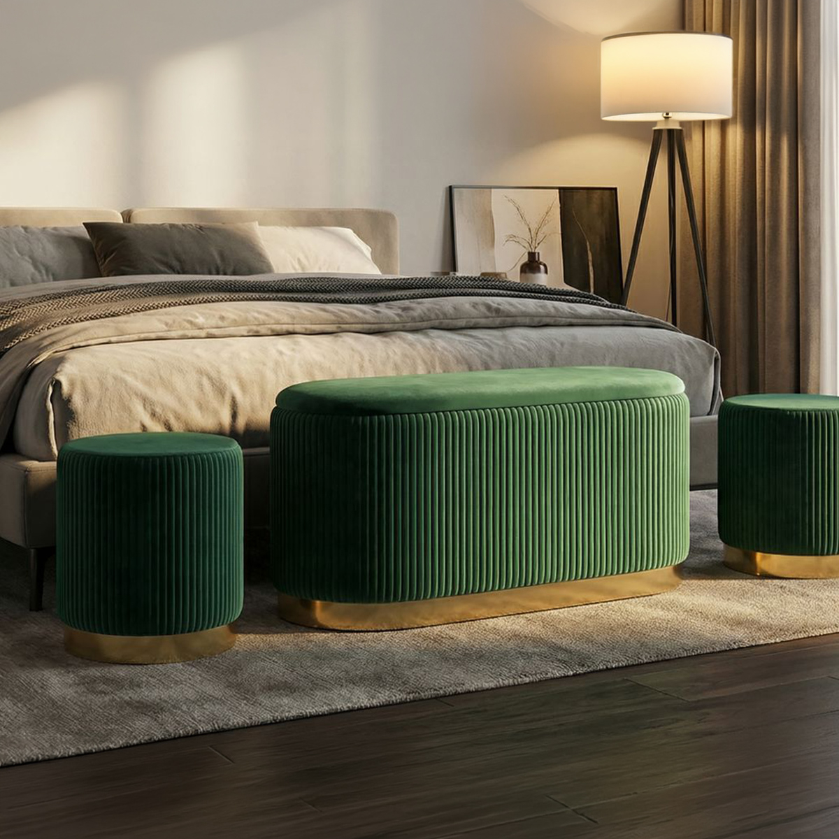 Shopy Storage Bench Set with 2 Stools in Velluto Velvet — 2
