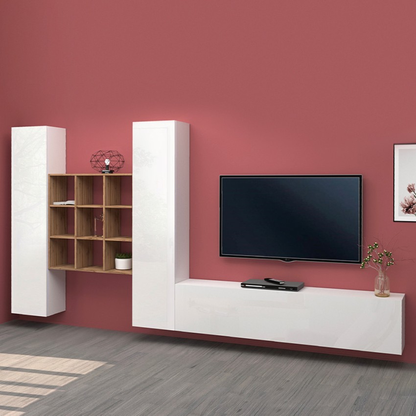 Floating TV Wall Unit White and Oak with 2 Cabinets Talka WH — 2