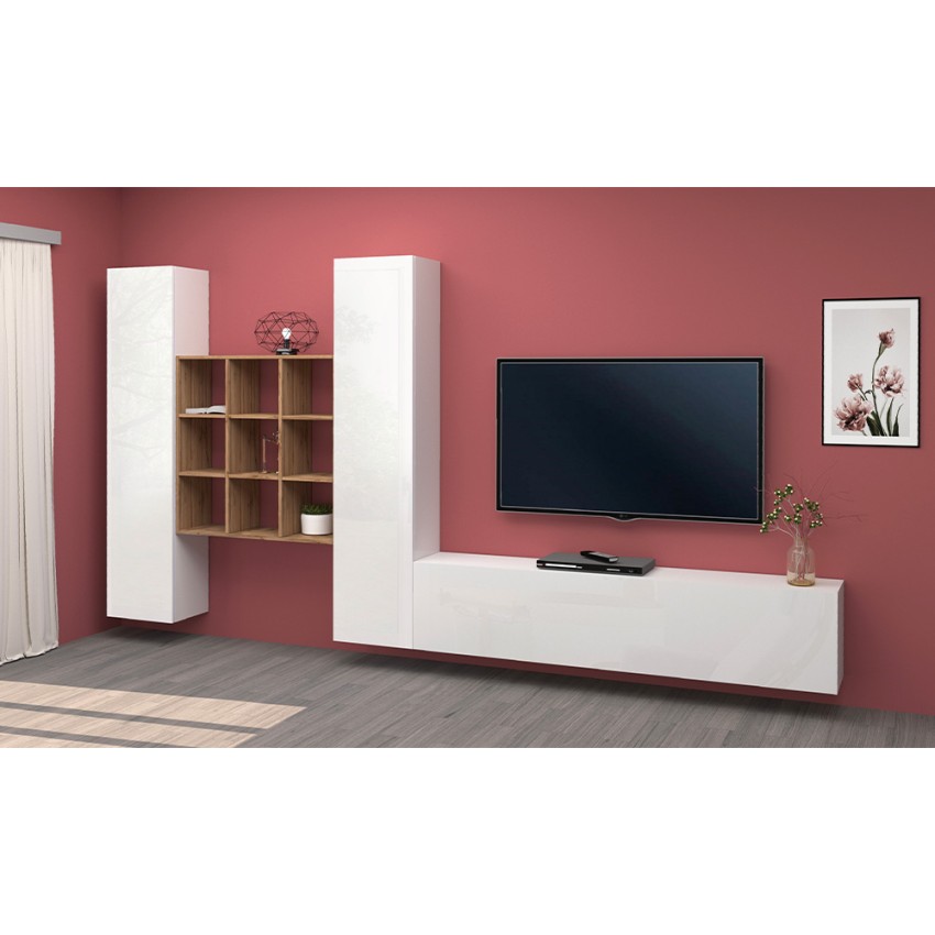 Floating TV Wall Unit White and Oak with 2 Cabinets Talka WH — 5