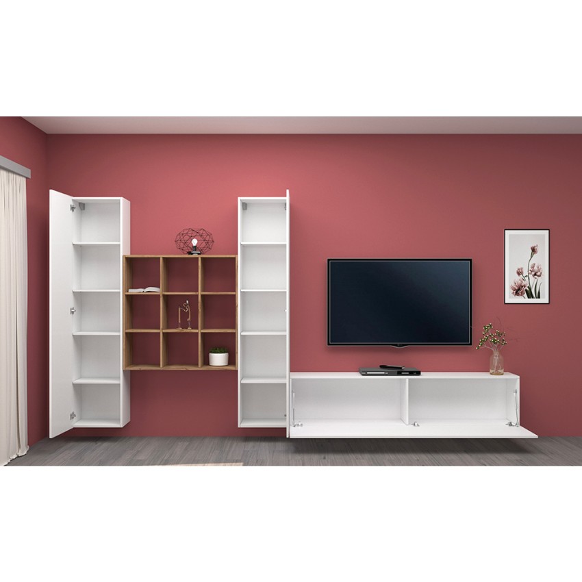 Floating TV Wall Unit White and Oak with 2 Cabinets Talka WH — 4