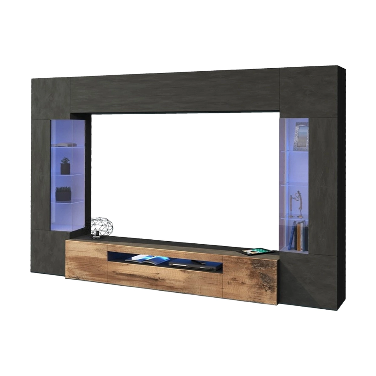 Sultan AP Modern TV Wall Unit Anthracite Wood with 2 Display Cabinets — 7