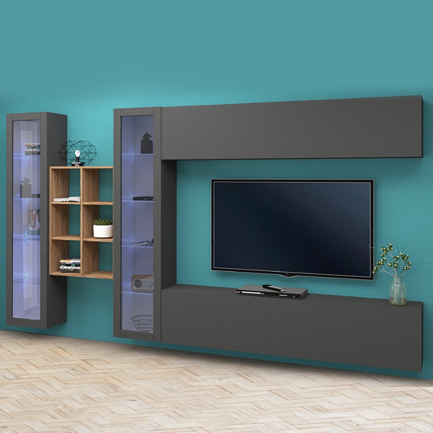 Floating TV wall unit with 2 display cases and bookcase Kary RT — 2