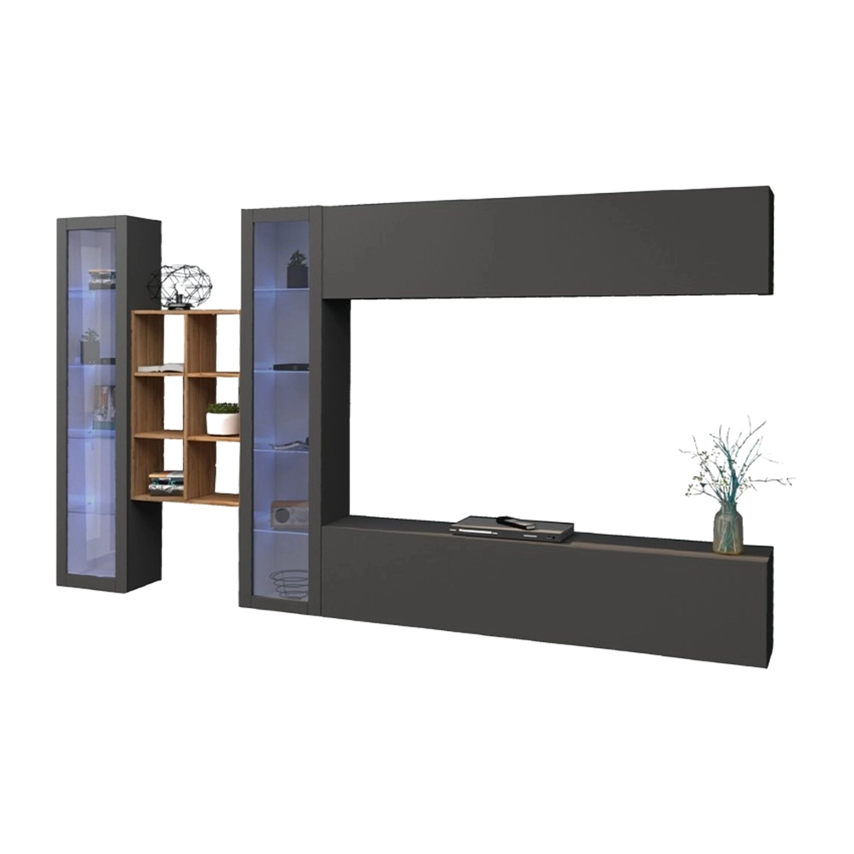 Floating TV wall unit with 2 display cases and bookcase Kary RT — 8
