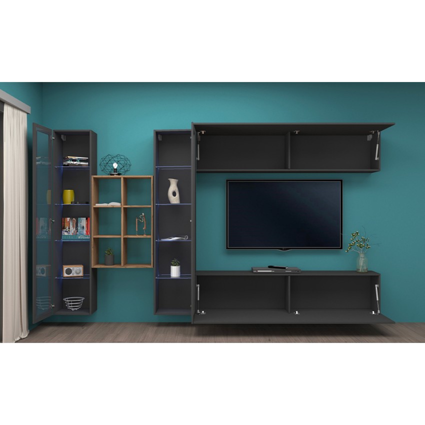 Floating TV wall unit with 2 display cases and bookcase Kary RT — 5