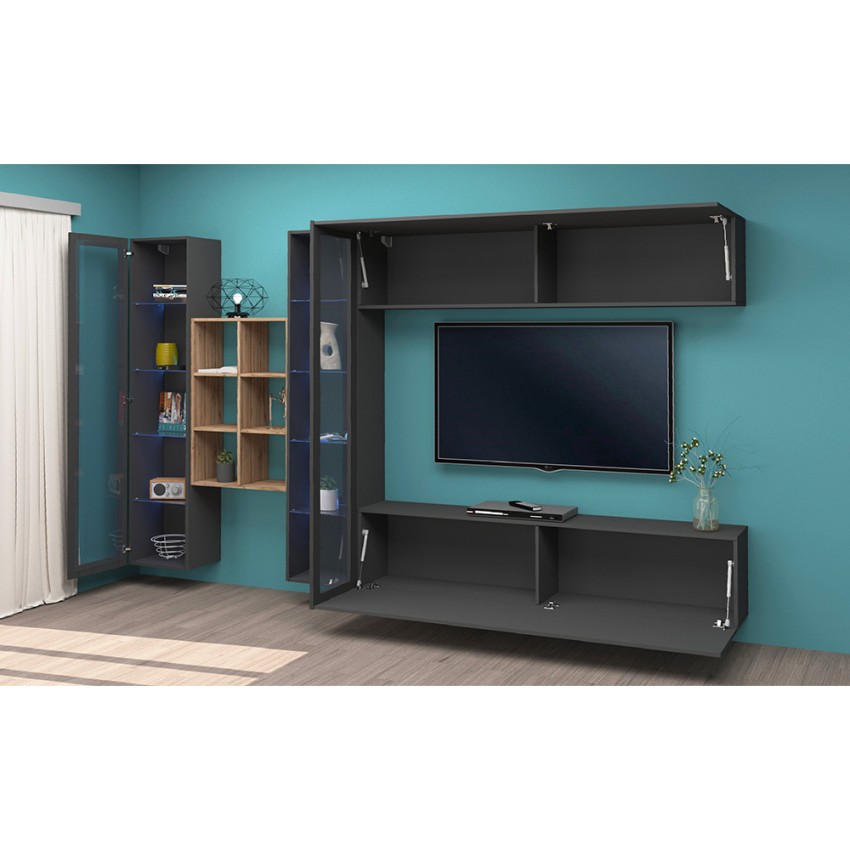Floating TV wall unit with 2 display cases and bookcase Kary RT — 4