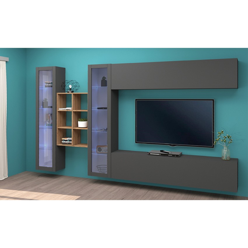 Floating TV wall unit with 2 display cases and bookcase Kary RT — 3