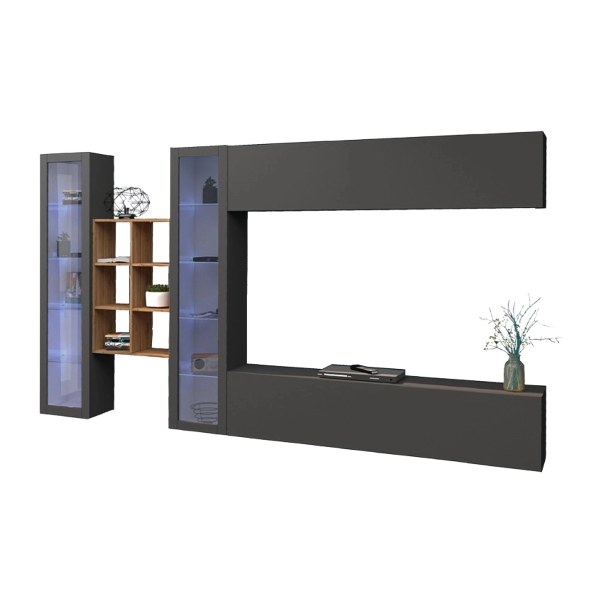 Floating TV wall unit with 2 display cases and bookcase Kary RT — 1