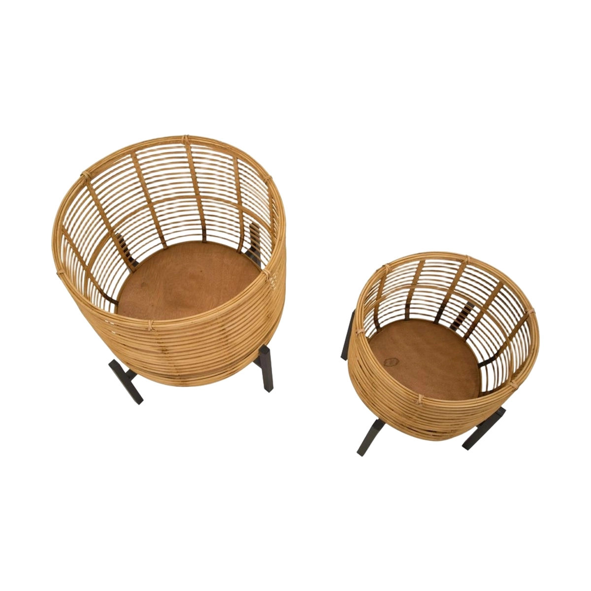 Zeyok Set of 2 Round Rattan Plant Stands with Black Metal Base — 5