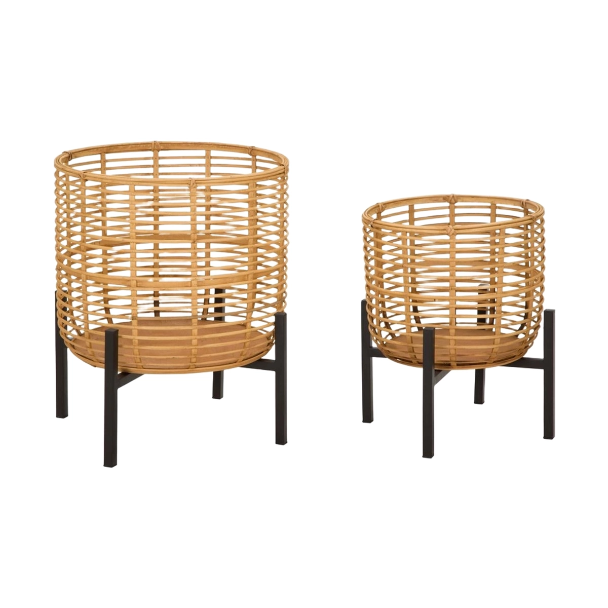 Zeyok Set of 2 Round Rattan Plant Stands with Black Metal Base — 1